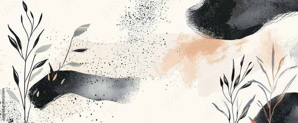 Poster abstract watercolor background with delicate black leaves and splashes of peach and gray, creating a