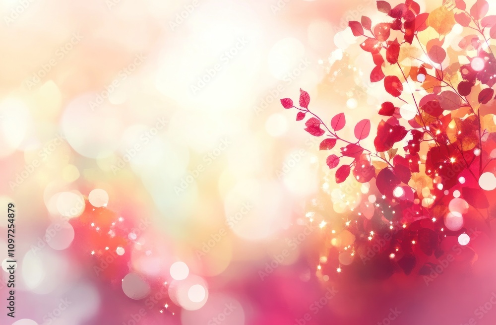 Poster soft, blurred background of red autumn leaves with bokeh lights.