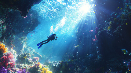 Scuba diver explores a vibrant coral reef in a stunning underwater cave, bathed in sunlight