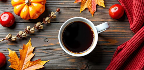 Autumn coffee with pumpkin and leaves on wooden table