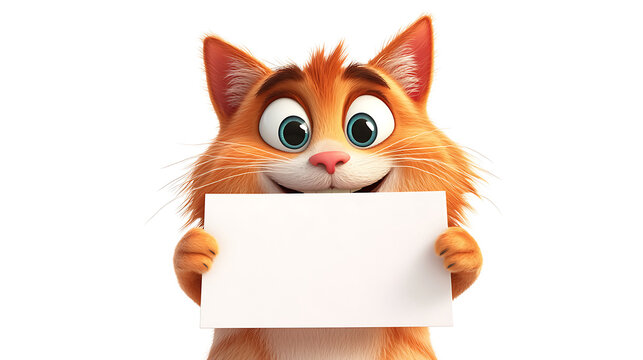 cheerful cartoon cat with orange fur holds blank sign, ready for messages. Its big eyes and playful expression add fun touch to any project