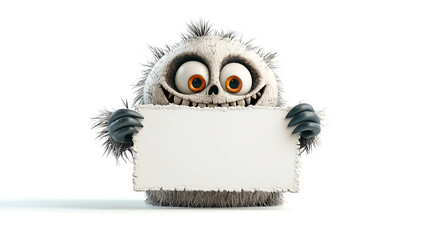 Fototapeta premium Cute cartoon monster holding blank sign, fluffy and friendly. This whimsical character features large eyes and playful grin, perfect for creative projects