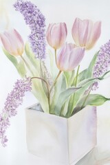 Obraz premium Elegant arrangement of pink tulips and lavender flowers in a white square vase, showcasing a fresh spring aesthetic. Perfect for home decor and floral themes.