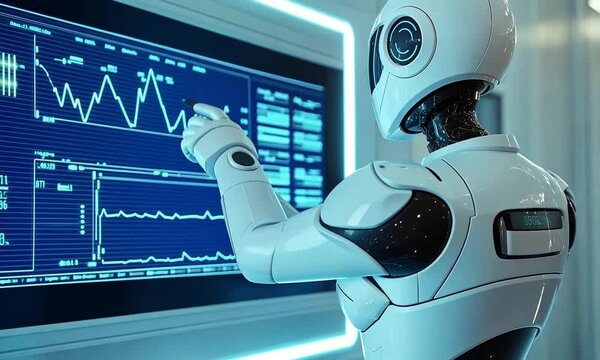 AI robot analyzing data on high-tech screen in clean futuristic hospital setting