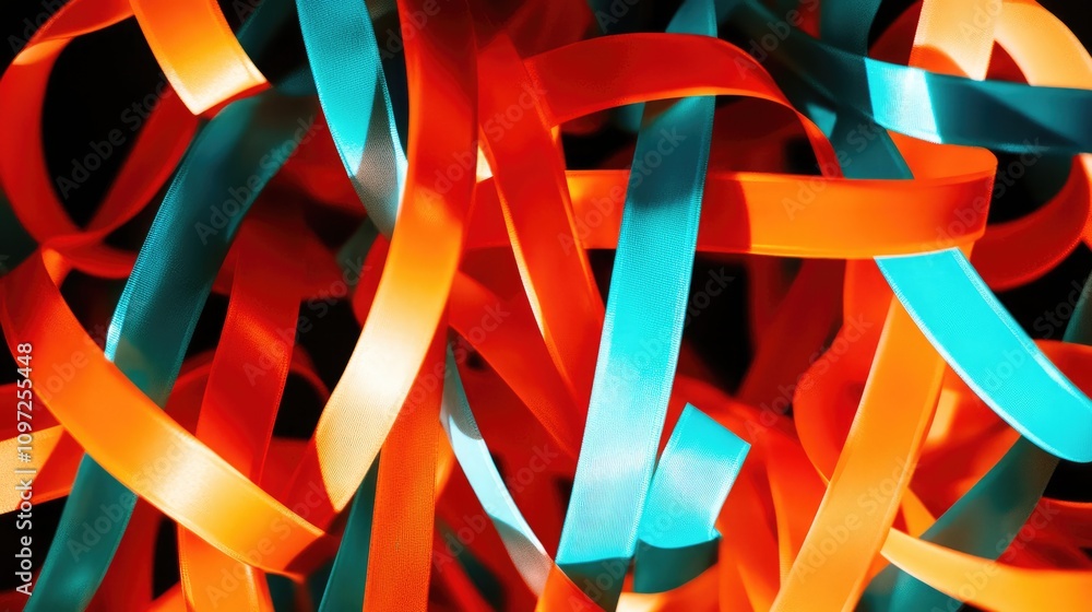 Poster this abstract backdrop features intertwining vibrant ribbons in orange and teal, creating a lively t