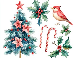 Colorful watercolor Christmas tree with red berries, pink poinsettias, candy canes, and a small bird, creating a festive holiday atmosphere.