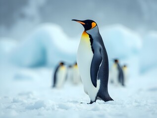 Fototapeta premium A penguin standing on a snowy ground with a blurred background of snow covered hills and mountains.