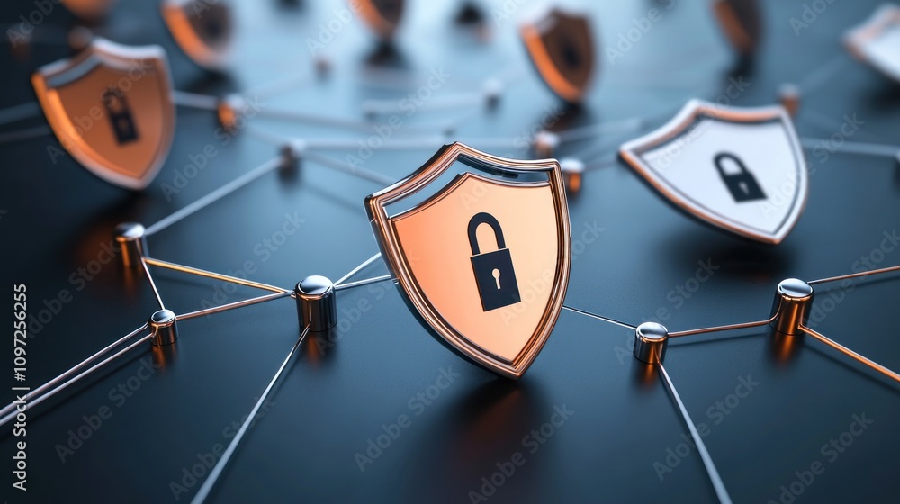 Aufkleber A network of shields with padlocks symbolizing cybersecurity and data protection.