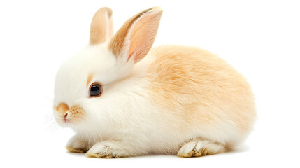 fluffy white bunny with light orange markings sits peacefully on white background, showcasing its adorable features and soft fur