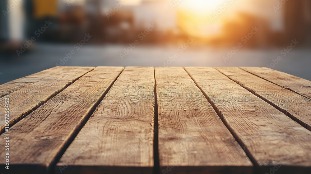 Poster a close-up view of a wooden table surface with a blurred background and warm sunlight, creating a se
