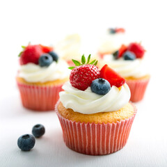 いちごとブルーベリーとクリームをデコレーションした可愛いカップケーキ　白背景