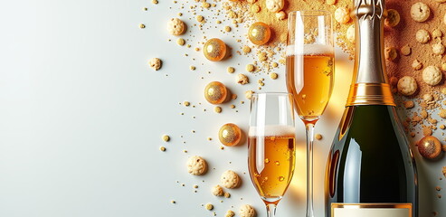 Champagne glasses and bottle with gold decorations