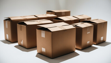 AI generative. Illustration of cardboard boxes dynamic of light brown color, no text, nobody on white background. 3