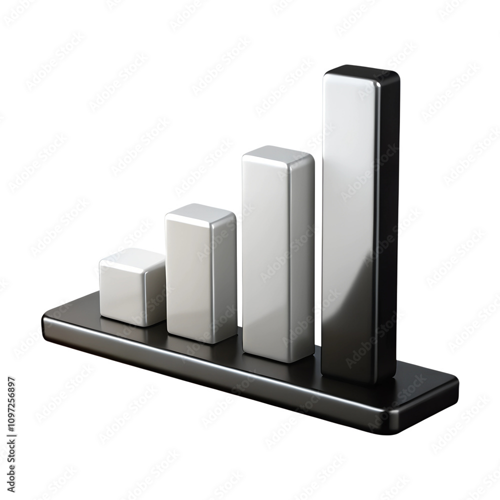 Poster 3d bar graph with metallic bars on a sleek black base, symbolizing data analysis and business growth