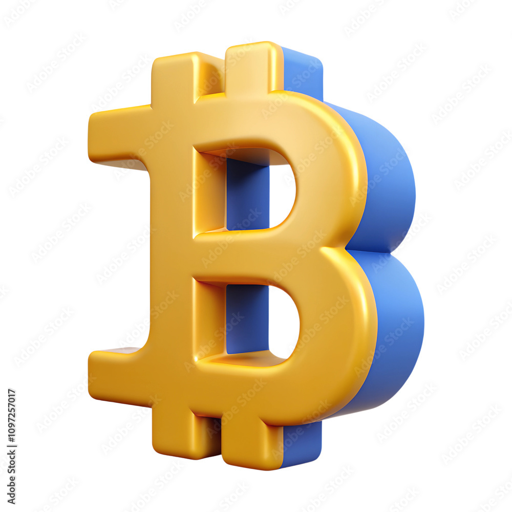 Poster 3d rendering of a gold bitcoin symbol with a blue shadow on a transparent background, representing c
