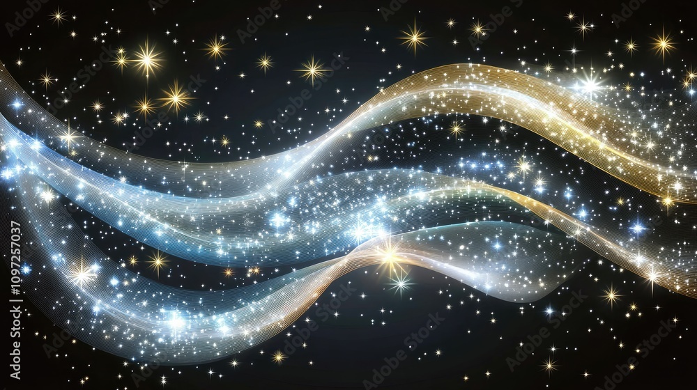 Poster a stunning abstract design showcases flowing waves of shimmering textures against a dark backdrop, i