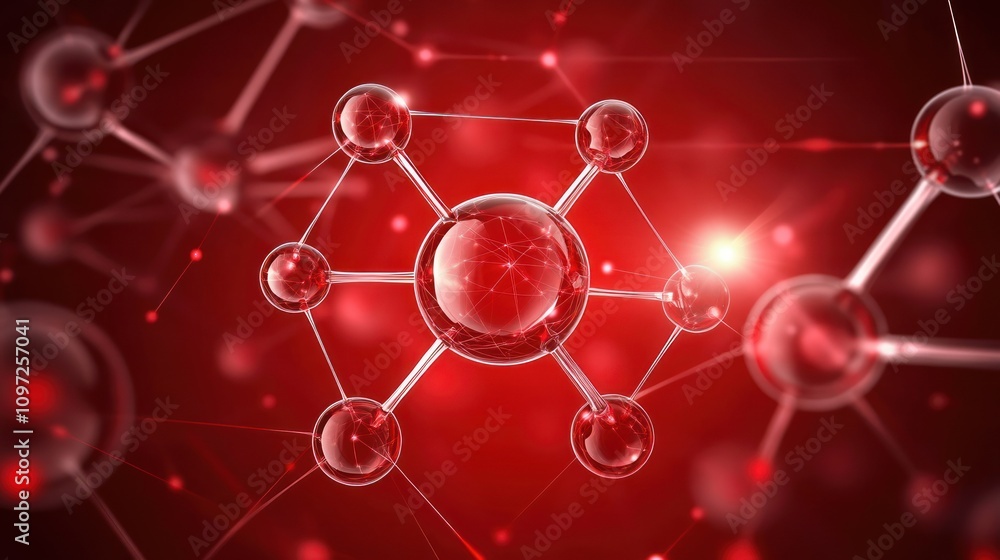 Poster Abstract 3D rendering of a molecule structure on a red background.