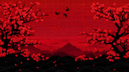 Red Landscape Illustration: Cherry Blossoms and Mountains