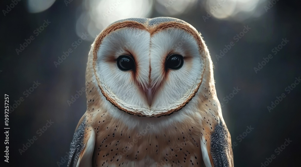 Aufkleber a barn owl stares directly at the camera with a dark green background and bokeh.