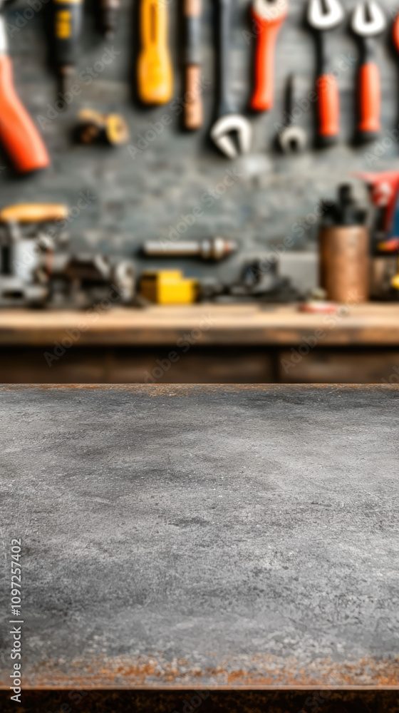 Poster equipment workshop background concept. a blurred workbench foreground with various tools hanging in 