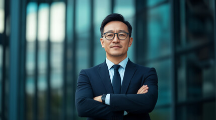 confident businessman in suit stands with arms crossed, showcasing professionalism and determination in urban setting.