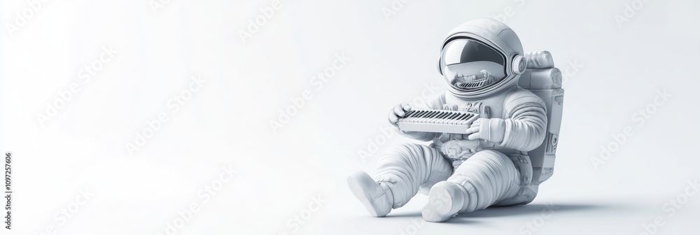 Aufkleber white astronaut sitting on a white background holding a rectangular object.