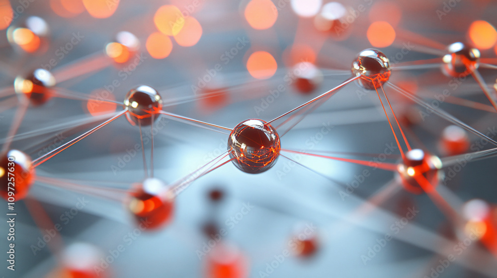 Poster Interconnected red nodes creating a network symbolizing communication, data exchange, and technological progress