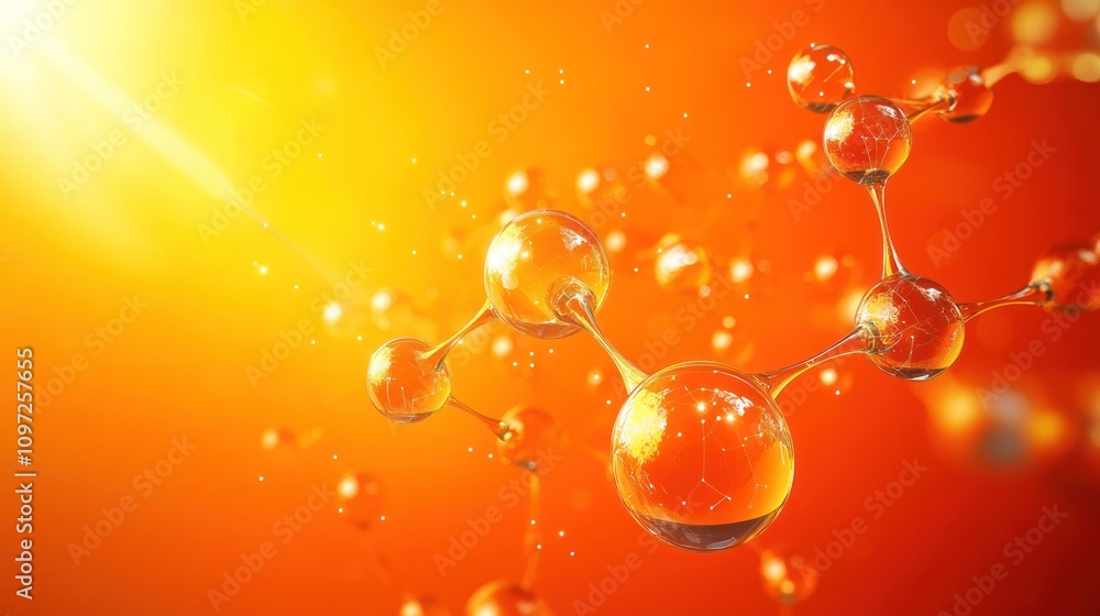 Poster abstract molecule structure with glowing light on orange background.