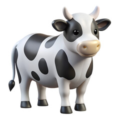 3D cartoon cow with black and white spots standing on a transparent background, highlighting its cute and playful appearance.