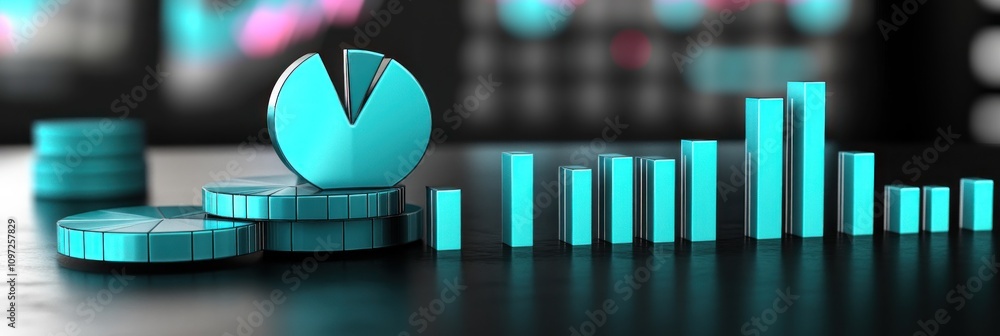 Poster blue pie chart and bar graph on a reflective black surface.