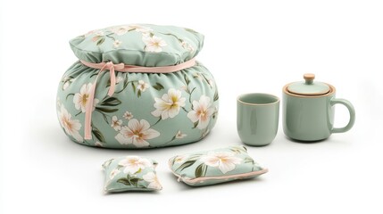 Cozy tea set with floral pillow and cups on light background
