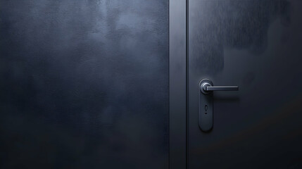 Dark room, gray wall, closed door with metallic handle, keyhole.