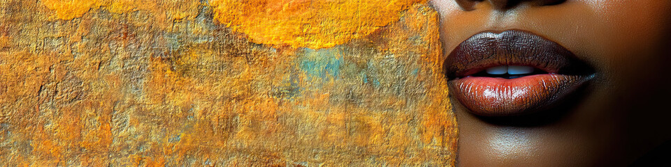 A close-up of an African American woman's mouth, forming the shape of a speech bubble, against a textured abstract background.