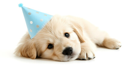 Cute puppy wearing blue party hat, lying down on white background, exuding playful and joyful vibe. Perfect for celebrations and pet themed events
