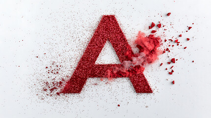 vibrant red glitter letter is artistically displayed with dynamic explosion of red particles and smoke, creating eye catching visual effect
