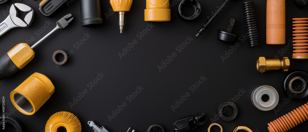 Poster equipment workshop background concept. a collection of various tools and mechanical components, prom