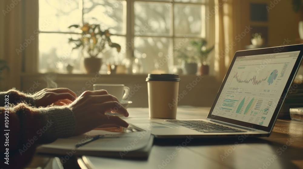 Poster Person working on laptop with charts and graphs on screen.