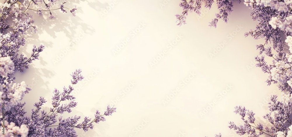 Poster purple flower border on a cream background with copy space.