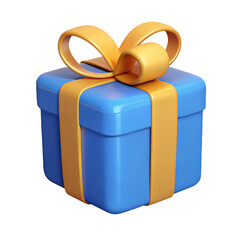 A 3D-rendered blue gift box with a shiny yellow ribbon on a transparent background, symbolizing celebration and joy.