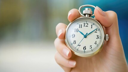 Hand holding silver stopwatch against blue background