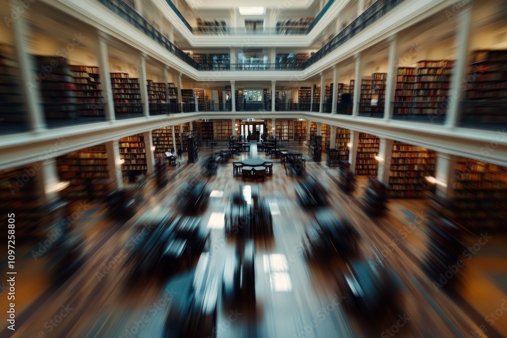 Poster A blurred view of a grand library filled with books and study spaces.