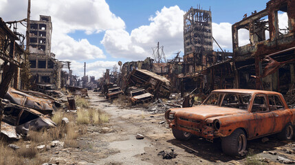 Fototapeta premium Urban decay and post-conflict devastation: abandoned cars and destroyed buildings in a war-torn city