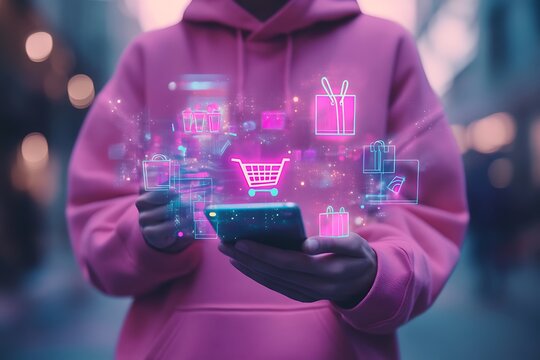  Smart retail technology and omnichannel concept. A person touching retail marketing icon on the virtual screen for channel E-commerce shopping. online retail shopping and omni-digital app design 