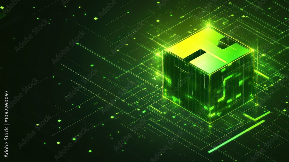 Aufkleber A glowing green cube surrounded by digital patterns, symbolizing technology and innovation.