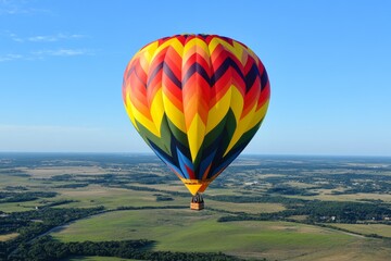 Obraz premium A colorful hot air balloon rising into an azure sky with rolling green fields below