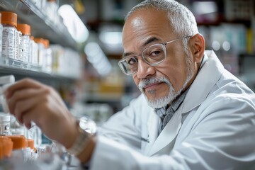 A pharmacist filling prescriptions, focused on precise measurements in a bright, well-organized pharmacy