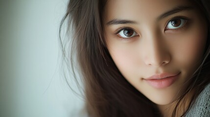Fototapeta premium A woman with long brown hair and brown eyes is smiling. She has a very pretty face. The photo is of a woman with a very nice smile