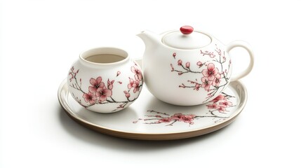 Fototapeta premium Elegant tea set with blooming cherry blossom design on tray