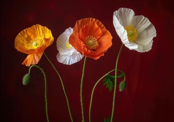Obraz premium Vibrant poppy flowers in shades of orange, white, and yellow against a deep red background, showcasing their delicate petals and lush green stems.