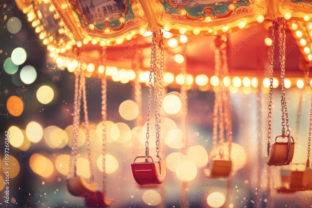 Aufkleber a vibrant carousel with colorful seats, illuminated by warm lights against a bokeh background.